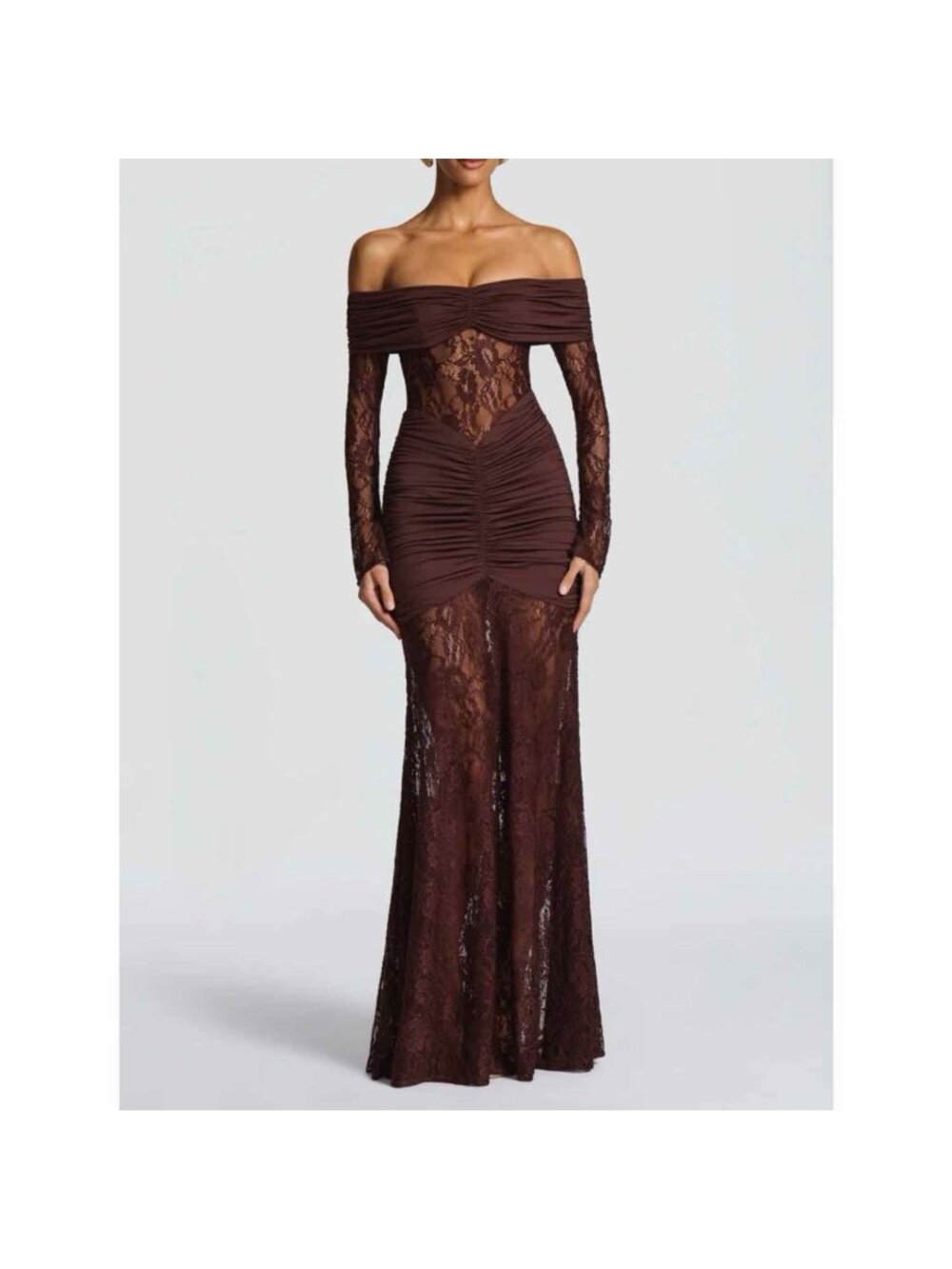 Babyboo Plum Brown Sauline Ruched Lace Maxi Dress Gown Size M